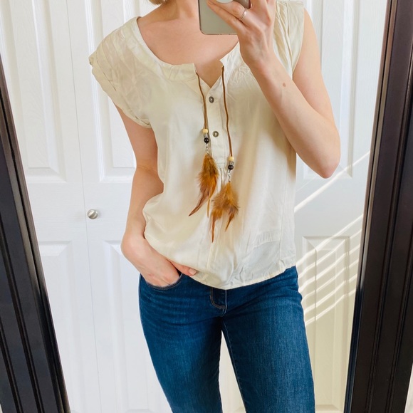 stitch & soul Tops - NWT Boho Silky Feather Tassel Cream Beige Blouse M